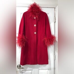 Flora Bae Elegant Red Feather-Trimmed Coat small